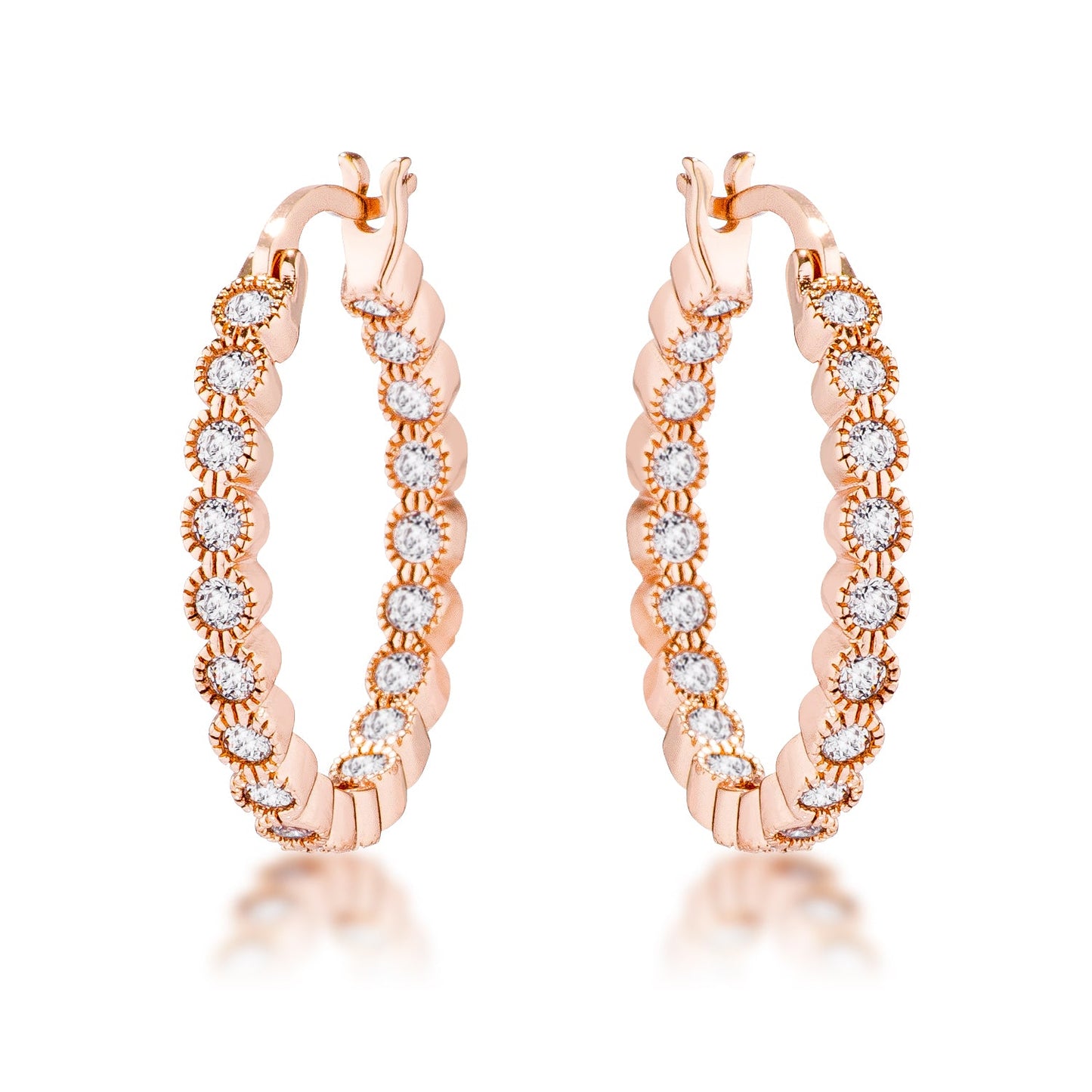 Rose Gold Plated Dotted Clear CZ Round Bezel Hoop Earrings - The Best Accessory