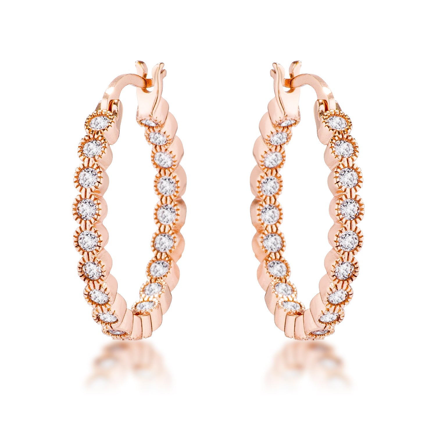 Rose Gold Plated Dotted Clear CZ Round Bezel Hoop Earrings - The Best Accessory