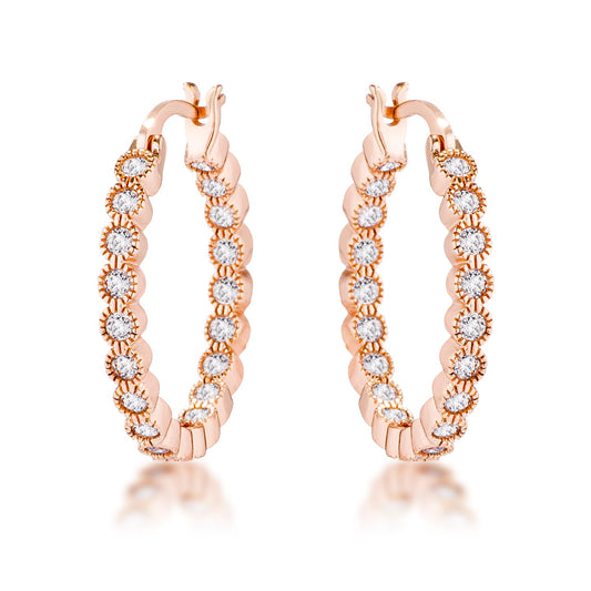 Rose Gold Plated Dotted Clear CZ Round Bezel Hoop Earrings - The Best Accessory