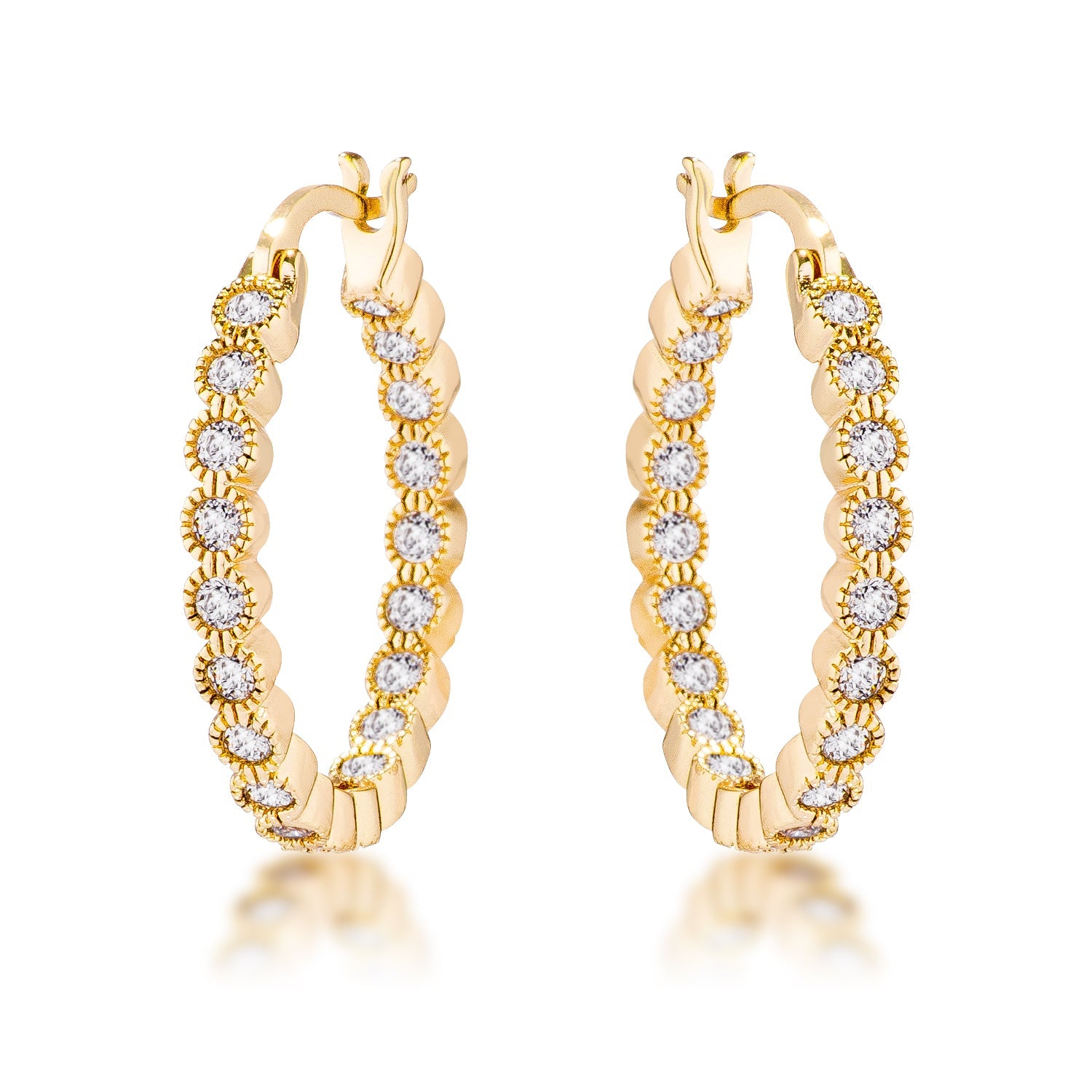 Gold Plated Dotted Clear CZ Round Bezel Hoop Earrings - The Best Accessory
