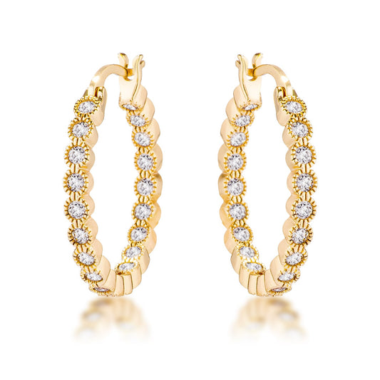 Gold Plated Dotted Clear CZ Round Bezel Hoop Earrings - The Best Accessory