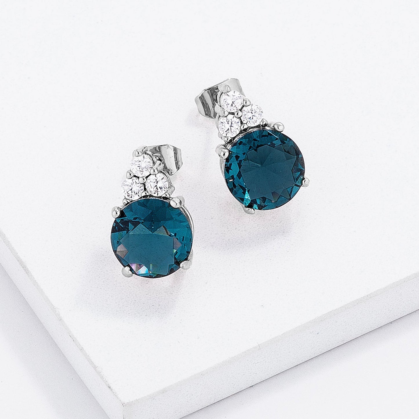 Simple Rhodium Plated 9mm Blue Green CZ Stud Earring - The Best Accessory
