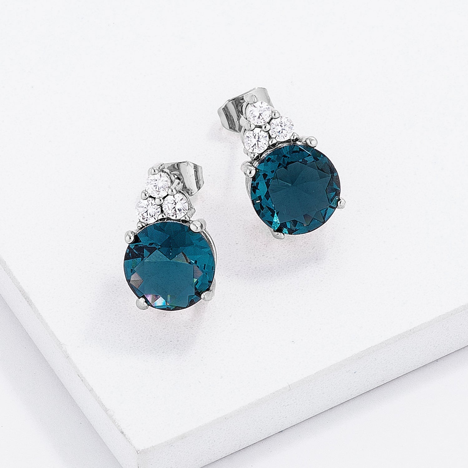 Simple Rhodium Plated 9mm Blue Green CZ Stud Earring - The Best Accessory