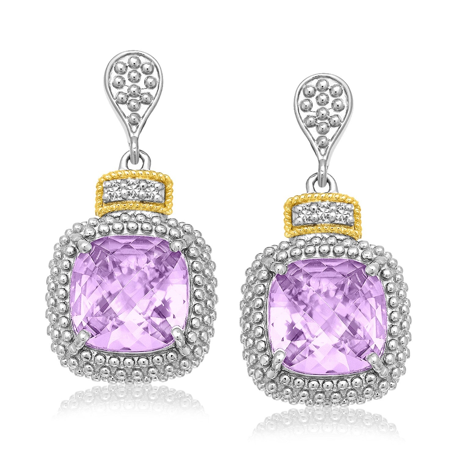 18k Yellow Gold & Sterling Silver Cushion Amethyst & Diamond Earrings (.05cttw) - The Best Accessory