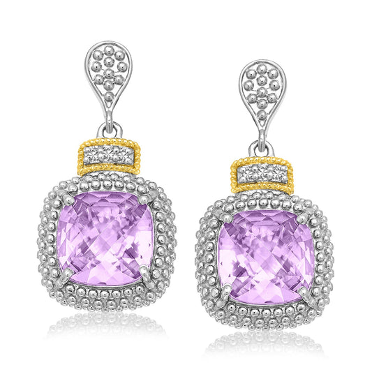 18k Yellow Gold & Sterling Silver Cushion Amethyst & Diamond Earrings (.05cttw) - The Best Accessory