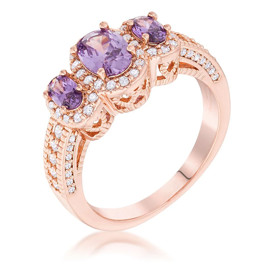 Rose Gold Plated 3-Stone Amethyst Oval Cut CZ Halo Ring - The Best Accessory