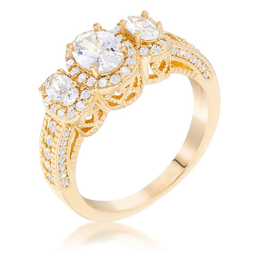 Gold Plated 3-Stone Clear Oval Cut CZ Halo Ring - The Best Accessory