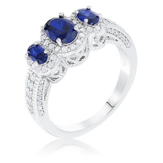 Rhodium Plated 3-Stone Sapphire Blue Oval Cut CZ Halo Ring - The Best Accessory