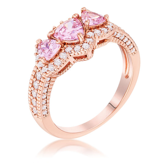 Rose Gold Plated 3-Stone Trillion Cut Pink CZ Halo Pave Ring - The Best Accessory
