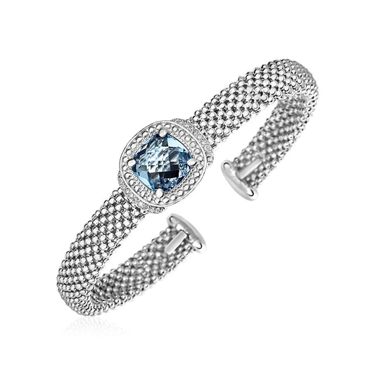 Popcorn Texture Cuff Bangle with Blue Topaz and Diamonds in Sterling Silver (8.00 mm) - The Best Accessory