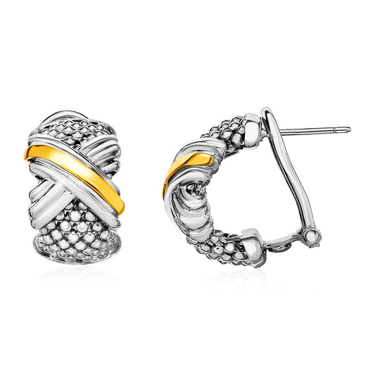 Popcorn Texture Earrings with X Motif in Sterling Silver and 18k Yellow Gold - The Best Accessory