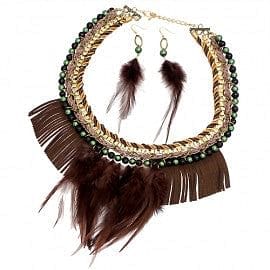 The Best Accessory Faux Suede Cord & Feather Layer on Chain/Pearl Necklace Set