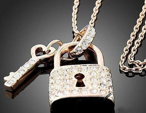The Best Accessory Gold and Crystal Key and Lock Pendant Necklace