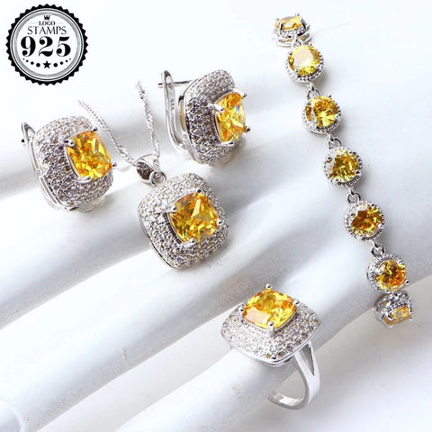 The Best Accessory 4PCS / 9 Yellow Cubic Zirconia Silver 925 Earrings, Ring, & Necklace Pendant Set
