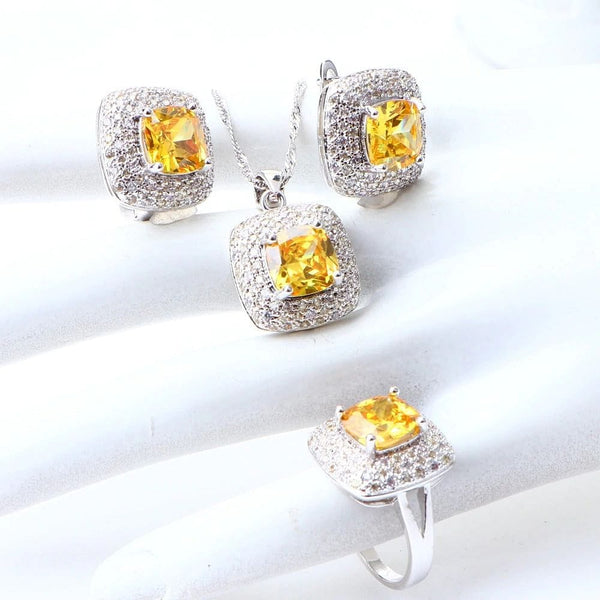 The Best Accessory 3PCS / 10 Yellow Cubic Zirconia Silver 925 Earrings, Ring, & Necklace Pendant Set