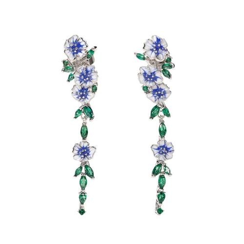 Vintage Blue Floral Trumpet Enamel Drop Earrings