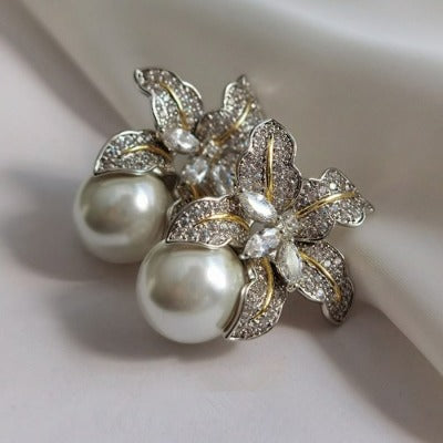 Two Tone Flower Simulated Pearl Earrings