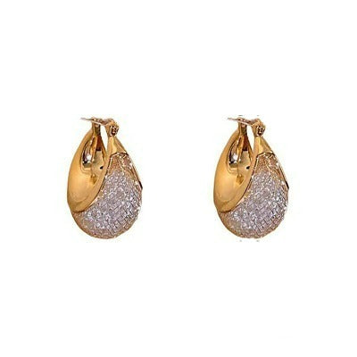 Gold and Crystal Mesh U Shaped Drop Earrings