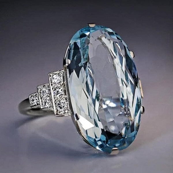 The Best Accessory 6 / Sky Blue / Silver Plated Light Sky Blue CZ Stone Solitaire Oval Stone Ring