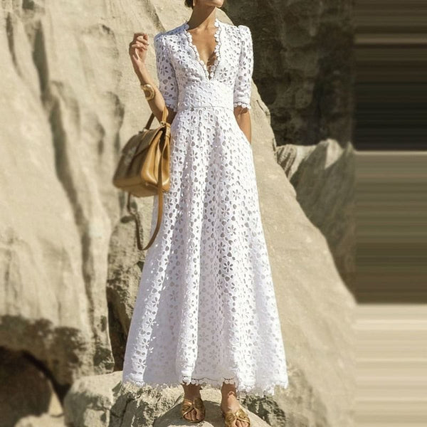 The Best Accessory Elegant Hollowed Out Embroidery V Neck Maxi Dress