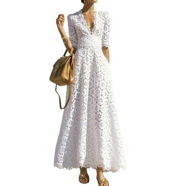 The Best Accessory White / M Elegant Hollowed Out Embroidery V Neck Maxi Dress