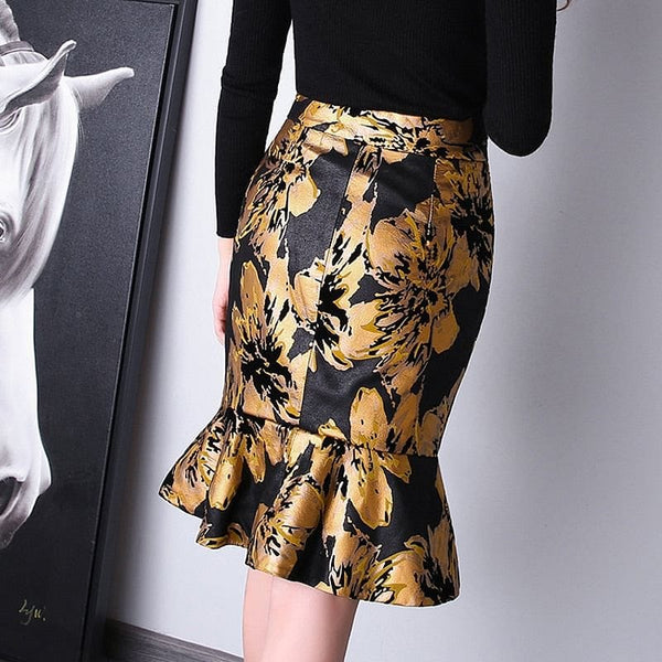 The Best Accessory Genuine Leather Golden Flower Fishtail Midi Skirt